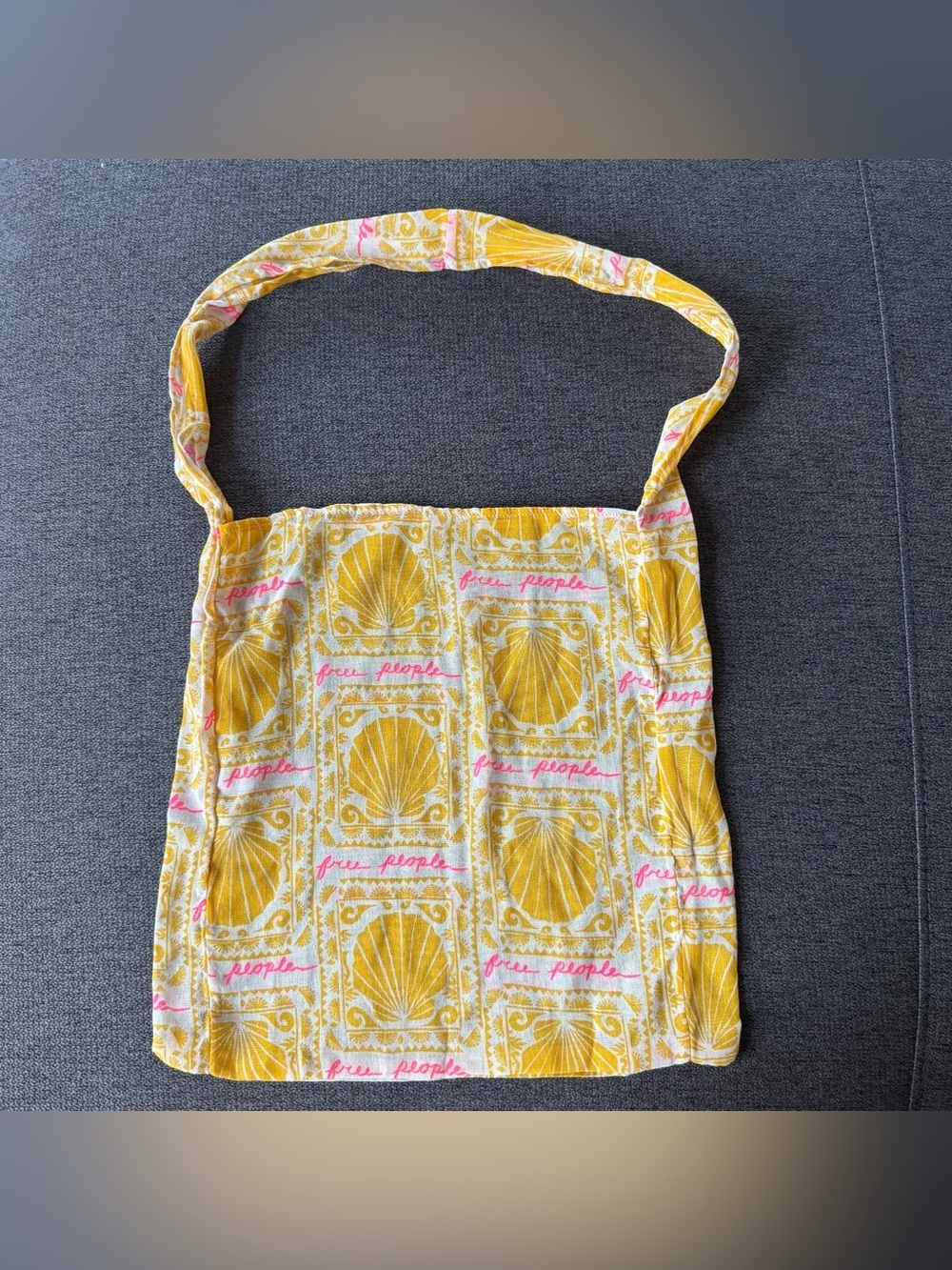 Free People Lightweight Pink Yellow Shells Tote Bag Muslin Gauze Boho Resort
